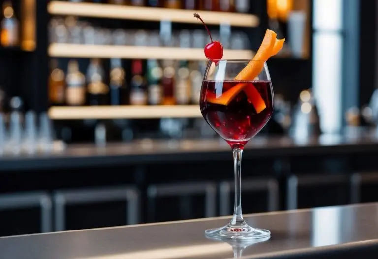 A tall, elegant glass filled with a deep red liquid, garnished with a twist of orange peel and a single maraschino cherry, set on a sleek, modern bar counter. Boulevardier