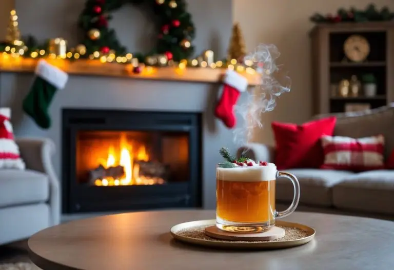 A cozy living room with a crackling fireplace, adorned with festive decorations and a steaming mug of Christmas cocktail on a table