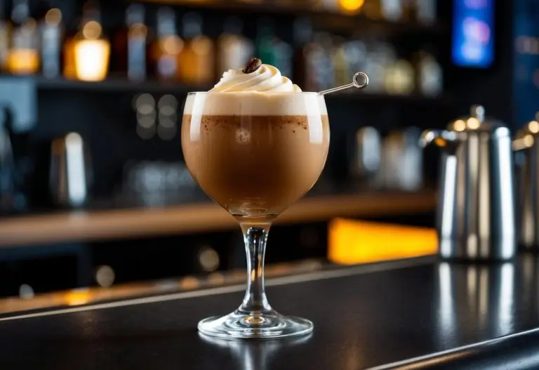 A glass filled with a creamy brown Kahlúa cocktail, garnished with a coffee bean and a swirl of whipped cream, sits on a dark wooden bar counter