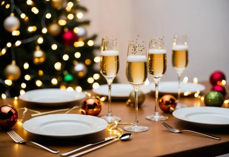 A festive table set with sparkling Prosecco cocktails, surrounded by twinkling lights and holiday decorations