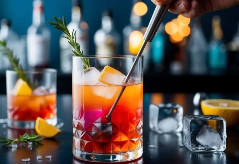 A cocktail stirrer swirling in a tall glass of colorful liquid, surrounded by ice cubes and garnishes - cocktail stirrer