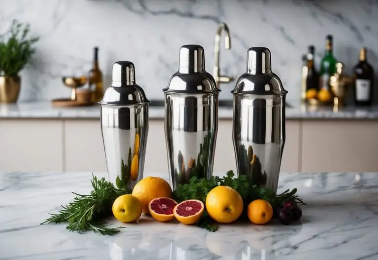 Three cocktail shakers of different shapes and sizes arranged on a marble countertop, surrounded by fresh fruits and herbs