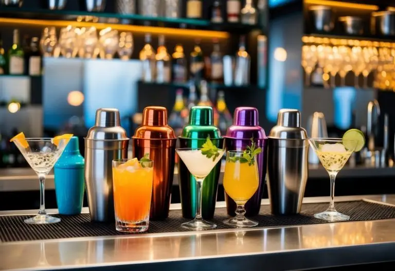 Colorful cocktail shakers arranged on a sleek bar counter with various shapes and designs. Sparkling glassware and fresh ingredients add to the vibrant scene