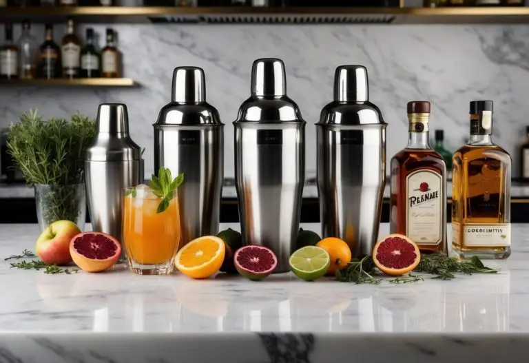 A variety of cocktail shakers arranged on a sleek, marble countertop, surrounded by fresh fruits, herbs, and bottles of premium liquor